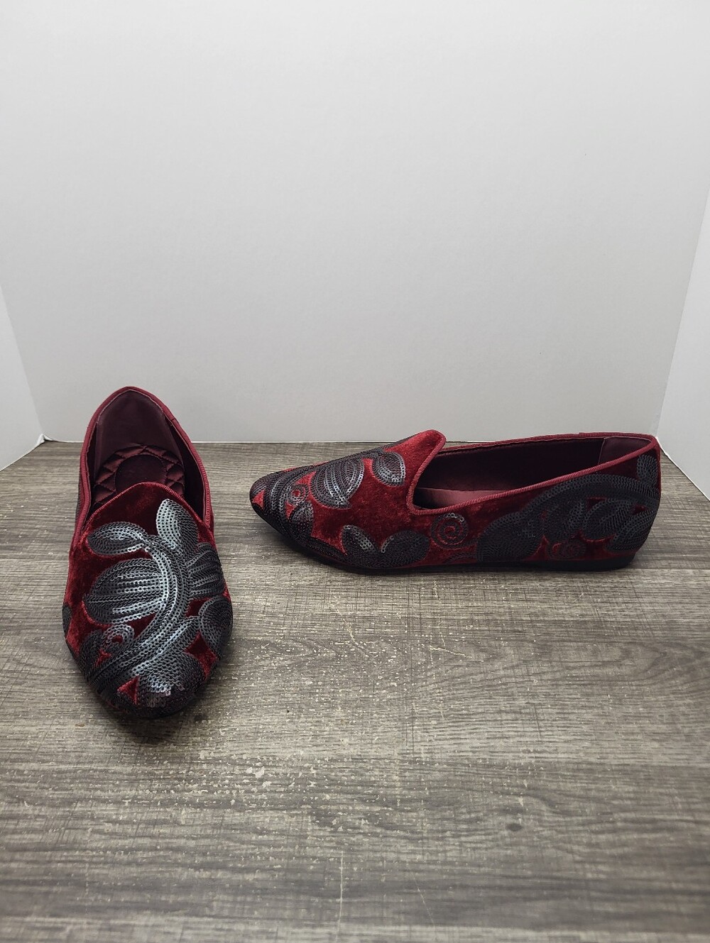 Birdies The Heron Burgundy Velvet Sequins Almond Toe Loafer Ballet Flat Size 8